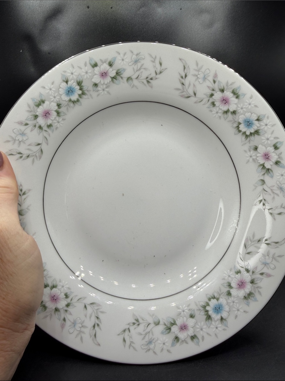 Vtg Classic Floral White Dinner Plate with Pink & Blue Accents